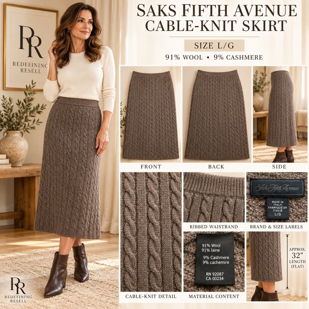 Saks Fifth Avenue Wool Cashmere Cable Knit Midi Skirt Brown Made in Italy L